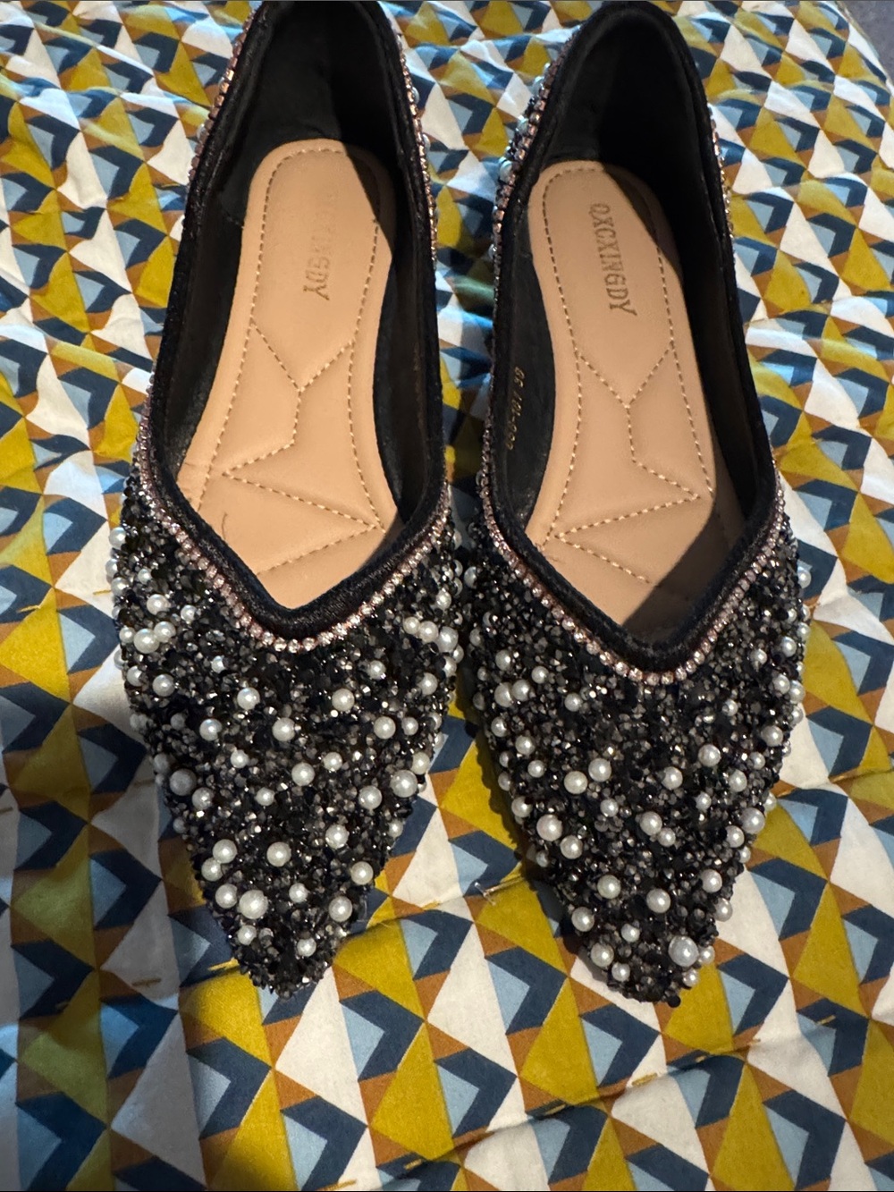 Beaded Pearl-Embellished Black Pointed Flats - Women